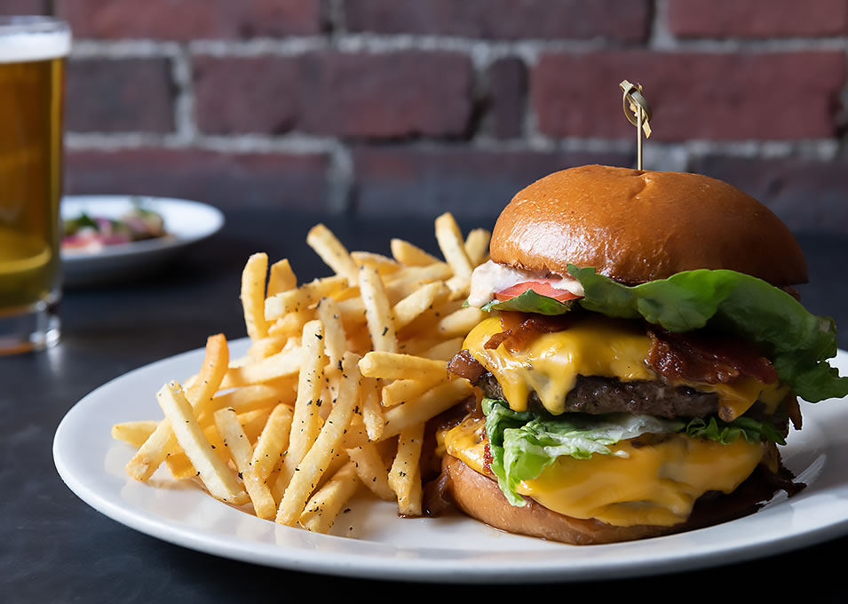 coda double burger with fries & beer